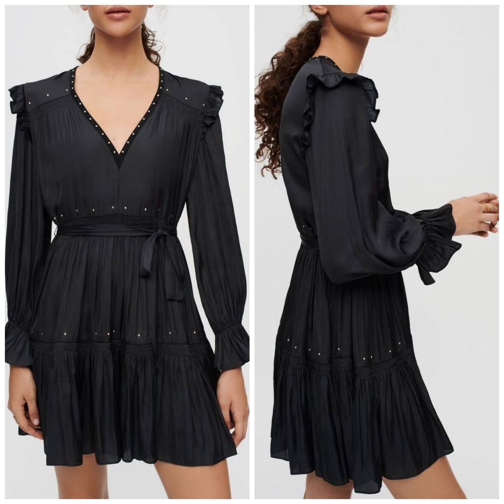 Maje Black Flowing Satin Dress, Gold Studs And Tie, Size 38